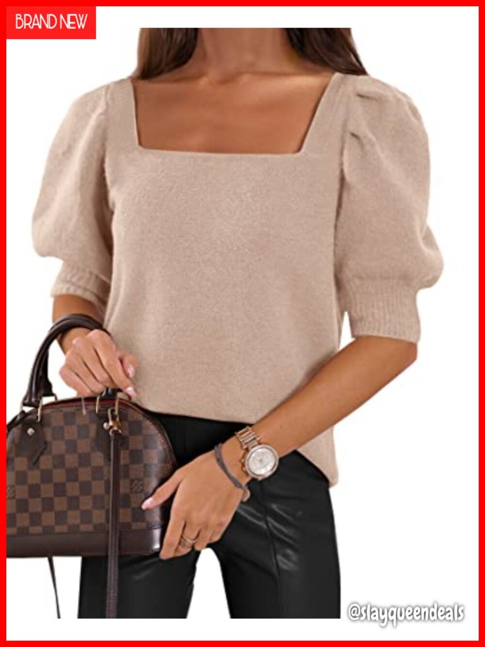 Womens Puff Short Sleeve Sweater Square Neck Casual Knit Pullover Top